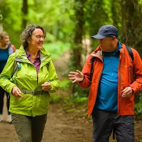 Category Banner - Experiences - A tourist walks through the forest while her guide talks about the local wildlife
